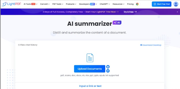 lightpdf ai summarizer interface