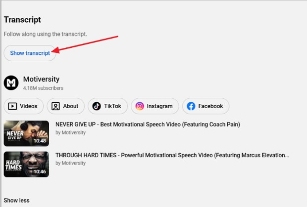youtube transcript option appears below video