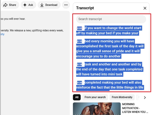 transcript text selected from youtube panel