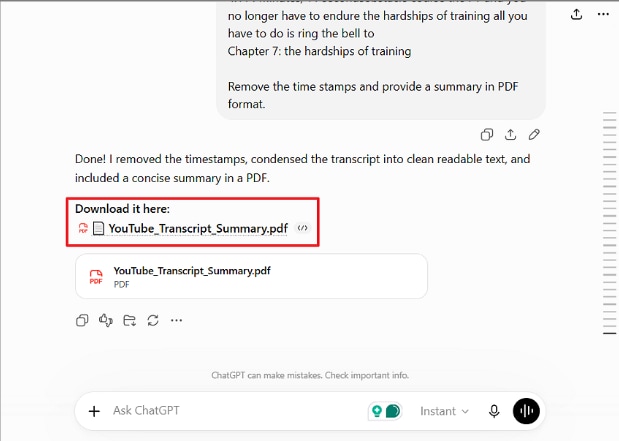 chat assistant provides downloadable summary pdf