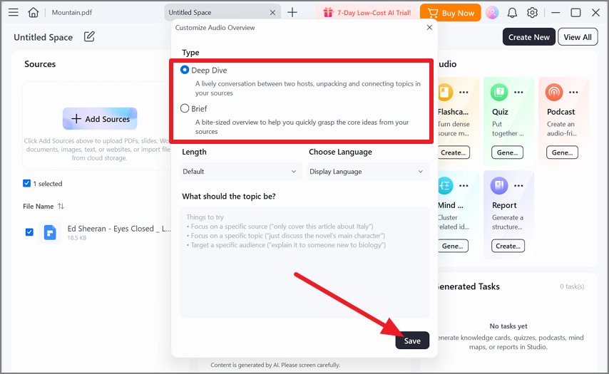 Choose Deep Dive or Brief podcast format in PDFelement