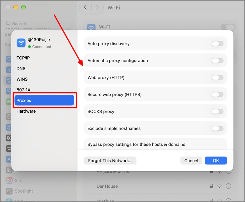 Turn off active proxy settings on Mac
