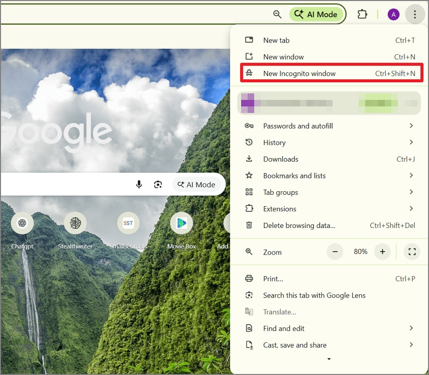 Choose New Incognito Window in Google Chrome