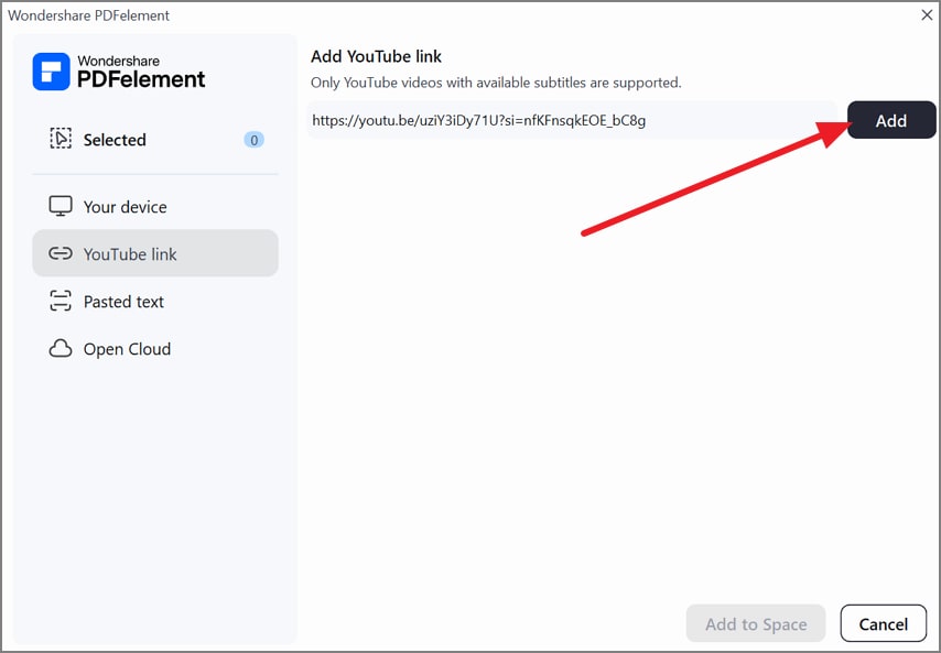 Add a YouTube lecture link to PDFelement AI Space