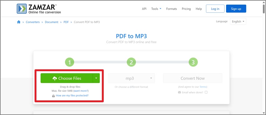 Choose the PDF file to upload to Zamzar