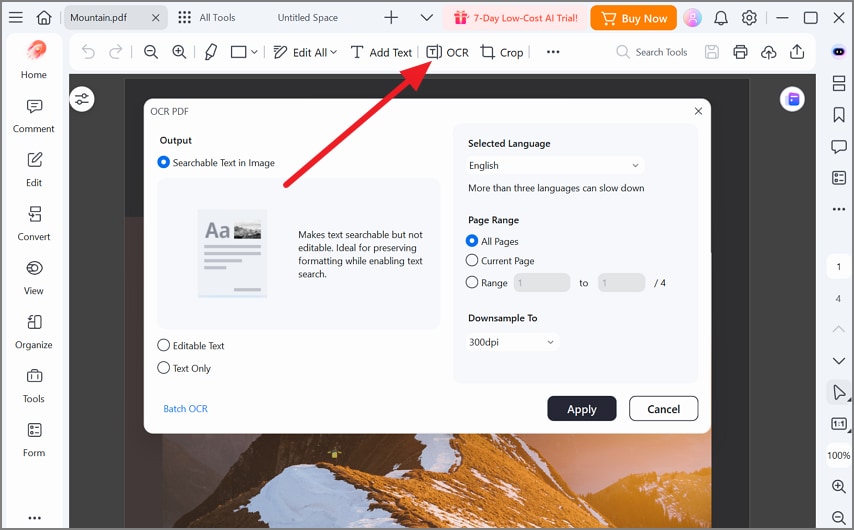 Access OCR to recognize text in scanned PDFs using PDFelement