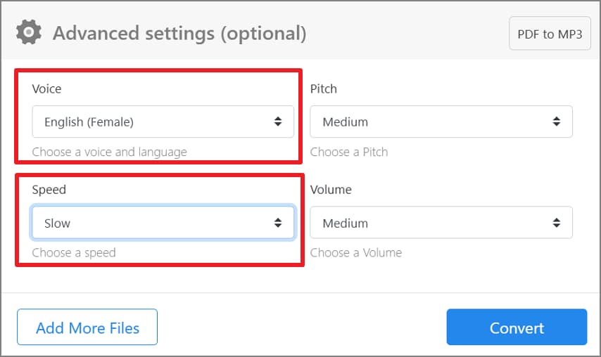 Set the speech speed to Slow in Zamzar advanced settings