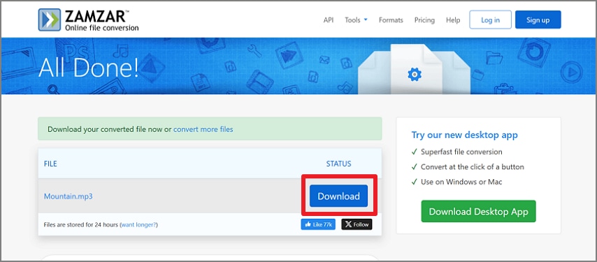 Download the converted MP3 audio file from Zamzar