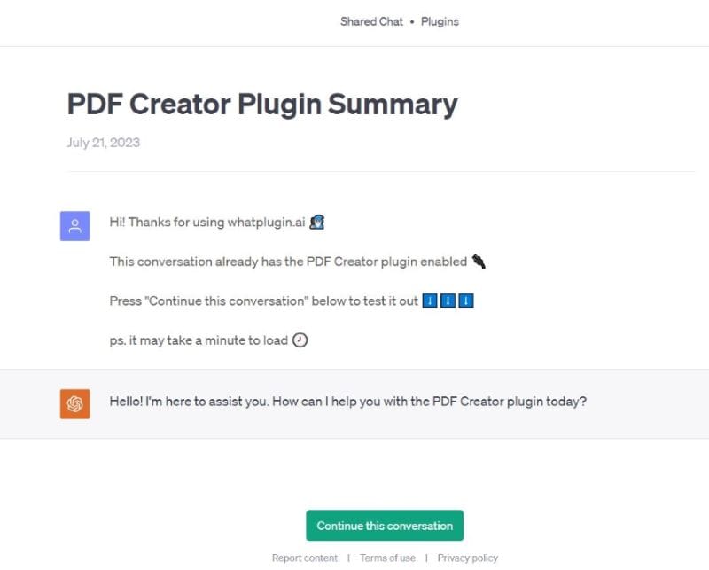 interfaccia di pdf creator plugin di chatgpt