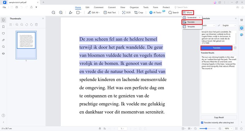 selected text pdf dutch to english translation