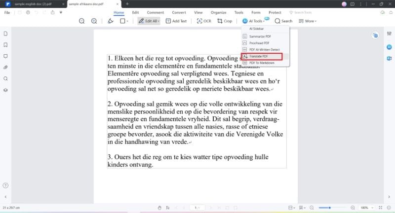 PDF-Übersetzungsoption auf Wondershare PDFelement