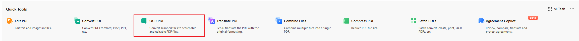 Opening the OCR PDF tool in PDFelement
