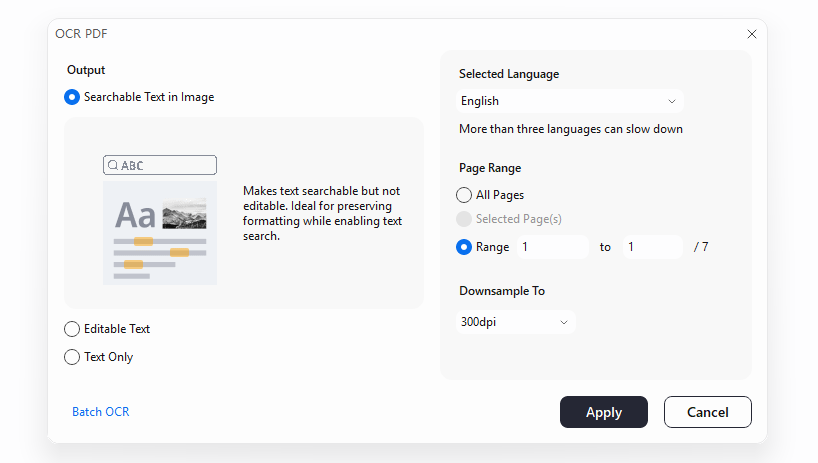 Choosing OCR settings for a scanned PDF in PDFelement