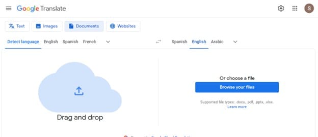 google translate document option