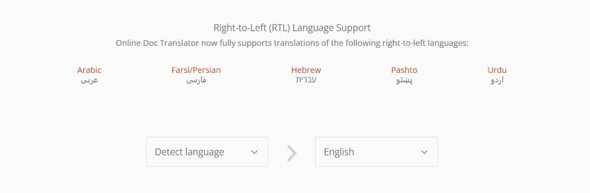 sélection des langues sur online doc translator