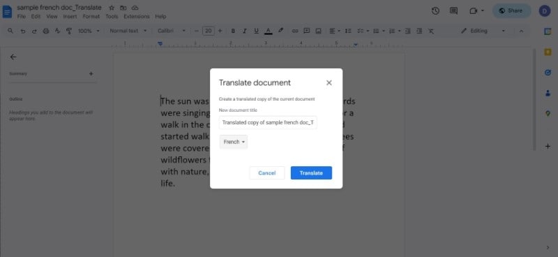 google docs traduzindo documento para francês