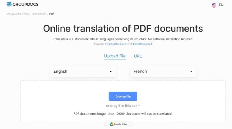 interface de usuário de tradução de pdf do groupdocs