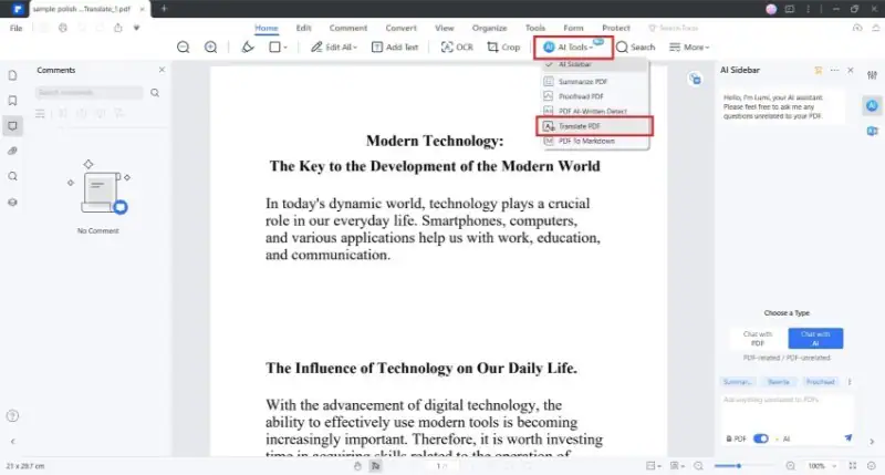 translate pdf option in pdfelement