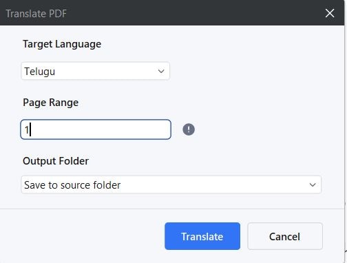 translate pdf dialogue box