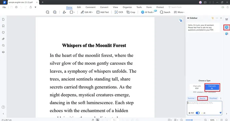 ai rewrite feature of wondershare pdfelement