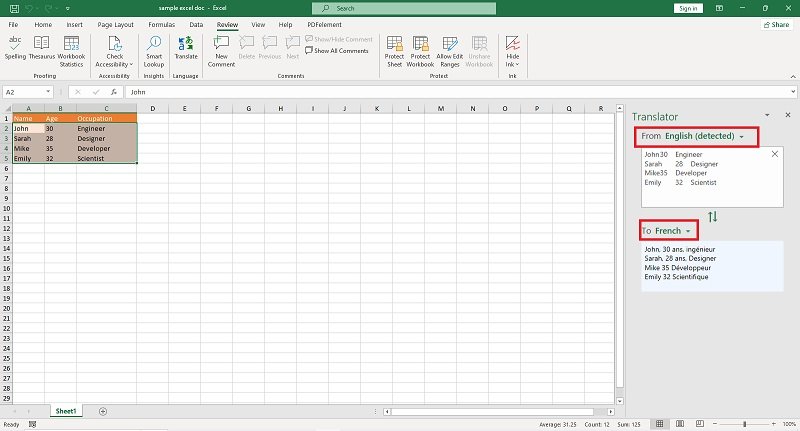 excel sélectionner la langue de traduction