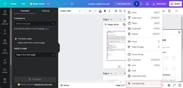 translate text with canva