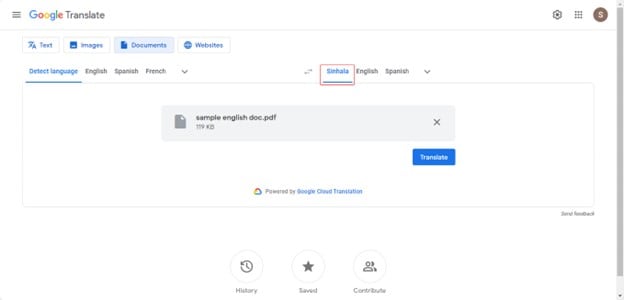 Google Translate PDF Englisch-Singhalesisch-Übersetzung
