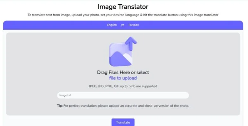 Benutzeroberfläche von Image Translator.io