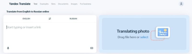 yandex translate user interface