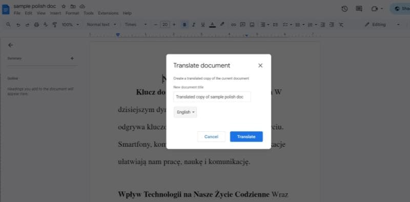 translating document using google docs