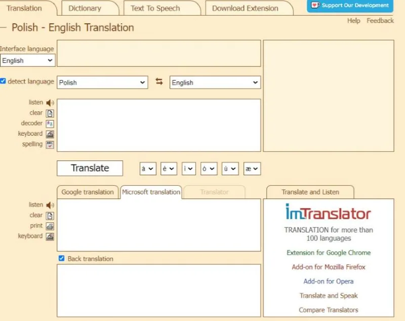 Benutzeroberfläche von imtranslator web app