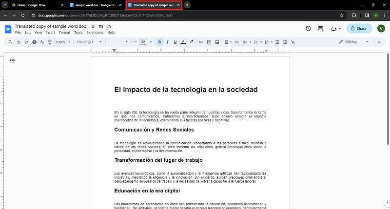 archivo google docs traducido