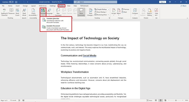 microsoft word translation feature