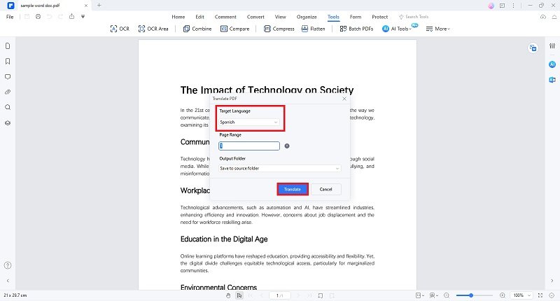 target language translation option