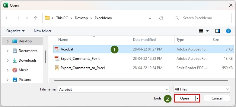 adobe comments open in excel