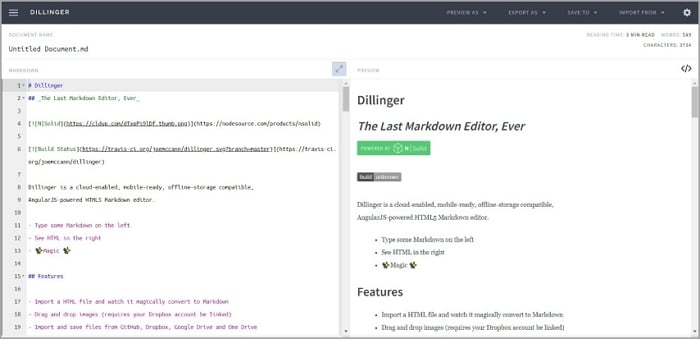 the user interface of dillinger markdown editor