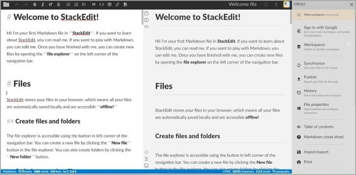 the user interface of stackedit markdown editor