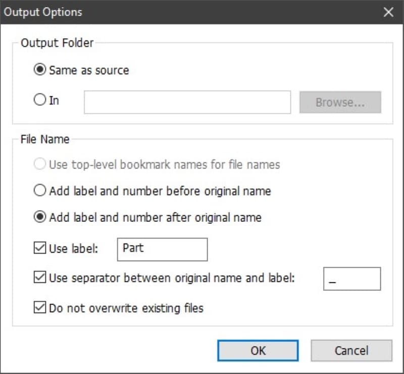 output options for split pdf