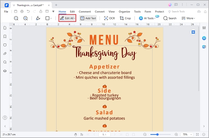 pdfelement thanksgiving edit menu