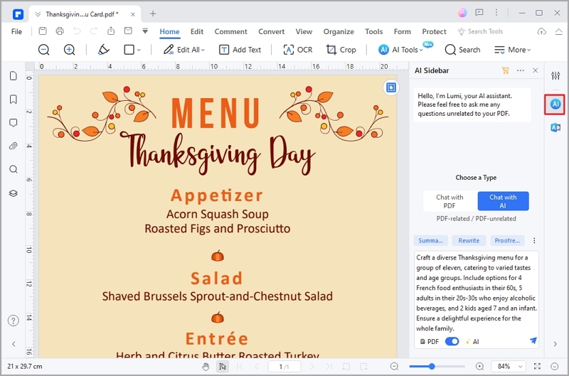 pdfelement thanksgiving menu idea ai
