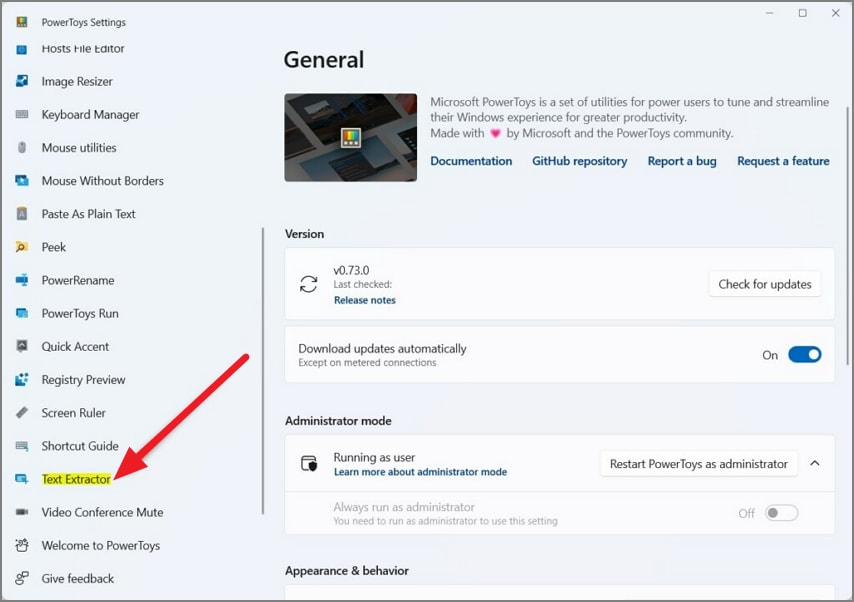 naviagte text extractor microsoft powertoys