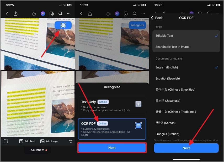 perform ocr pdf hit next
