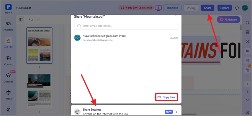 select share settings pdfelement online