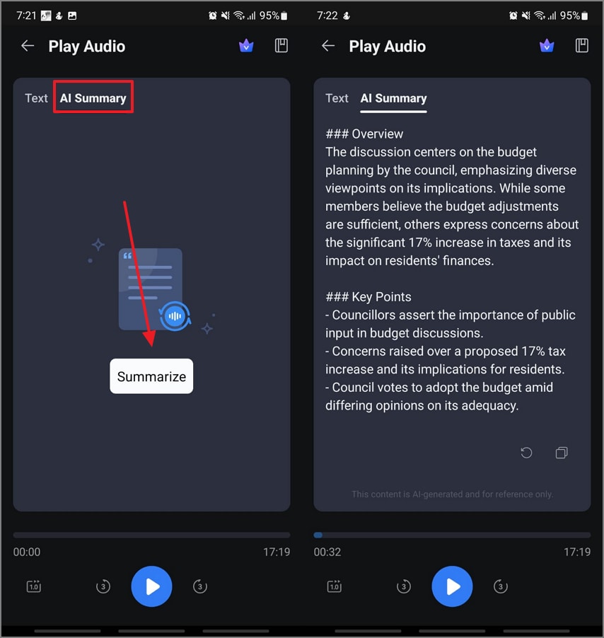 summarize generated audio transcription