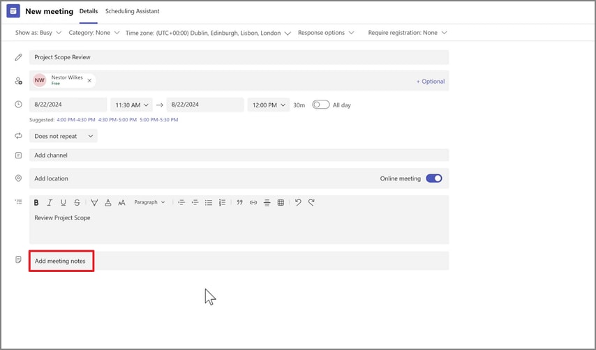 press add meeting notes option