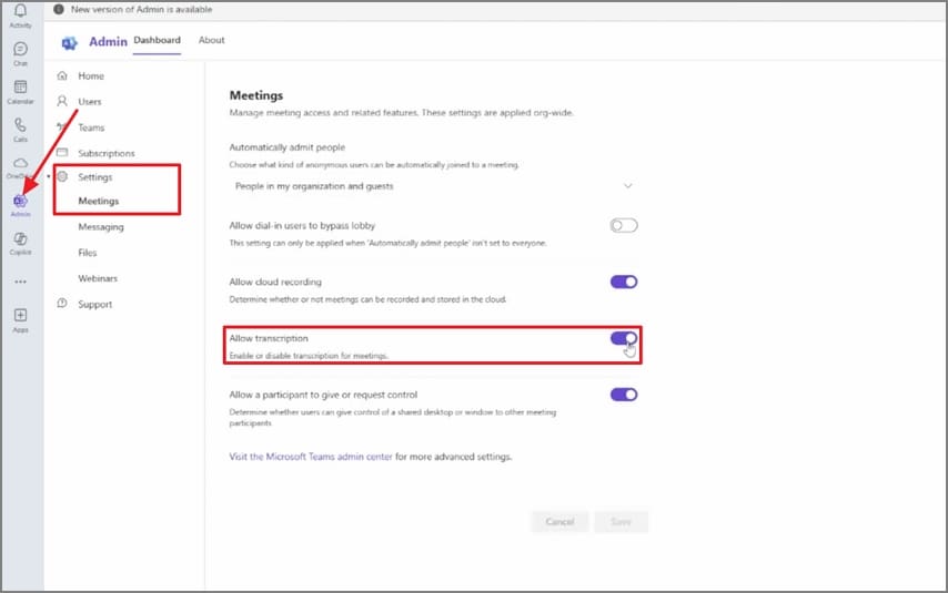 allow transcriptions microsoft teams meeting