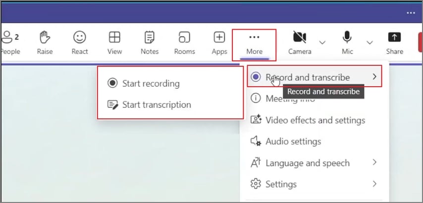 start record transcription teams