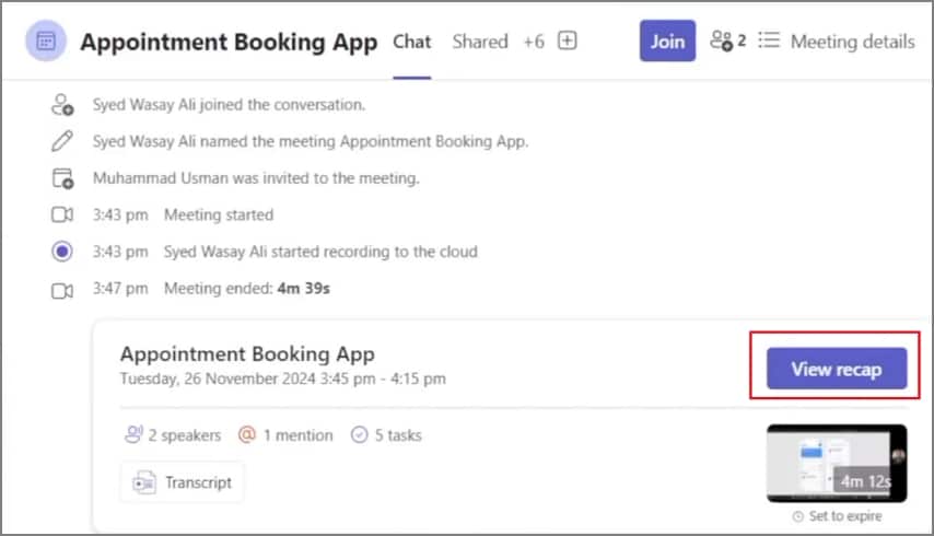 ms teams view recap option