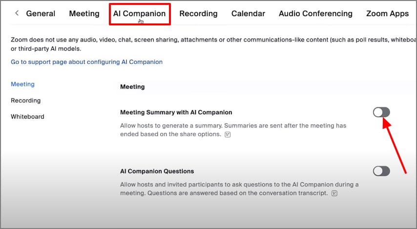 activar/desactivar la opción de resumen de la reunión