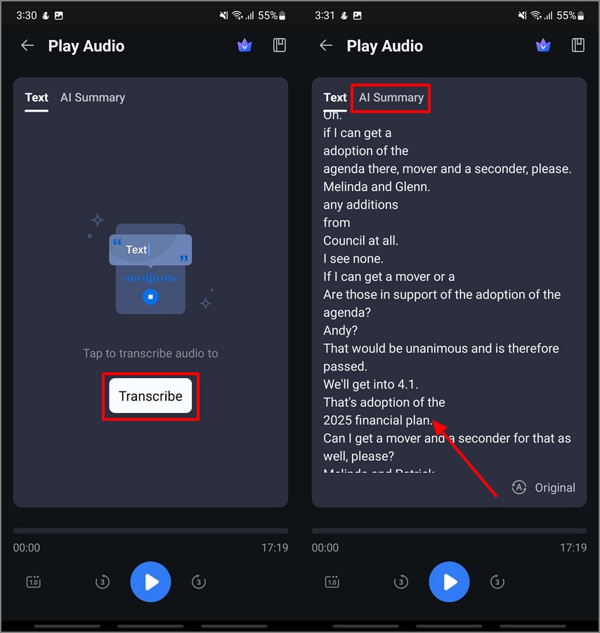 Transcribir la grabación de la reunión de IA
